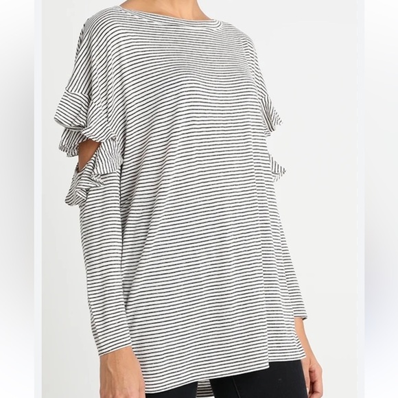 All Saints Tops - All Saints Striped Ruffle Sleeve Top - Black and White